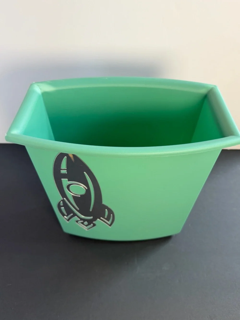Vintage Sterilite MCM 60s Green Plastic Waste Basket Trash Can + Rocket Decal